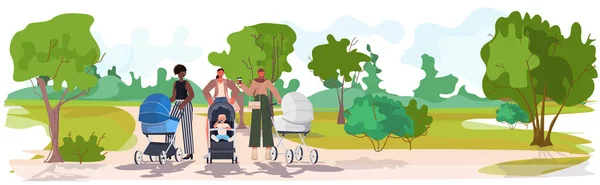 Mix race mothers walking with newborn babies in strollers motherhood concept urban park landscape — Stock Vector