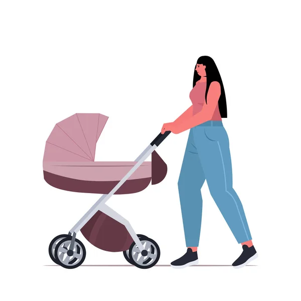 Young mother walking with newborn baby in stroller motherhood concept full length — Stock Vector