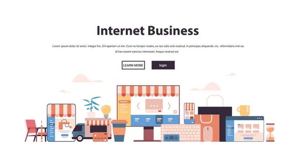 Achats en ligne application web internet icônes d'affaires définir e-commerce concept de marketing numérique — Image vectorielle
