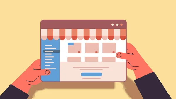 Hände mit Web-Anwendung auf Tablet Internet Business E-Commerce digitales Marketing Online-Shopping-Konzept — Stockvektor