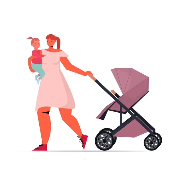 Young mother holding newborn baby and pushing stroller motherhood concept — Stock Vector