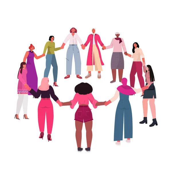 Mieszanka wyścig dziewcząt trzymając się za ręce stojąc razem kobiecy ruch upodmiotowienie kobiet władza koncepcja — Wektor stockowy