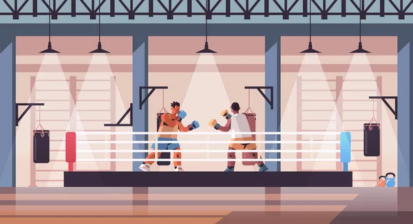 Boxeurs de course mixtes combattant sur le ring de boxe concept d'entraînement de compétition sportive dangereuse — Image vectorielle