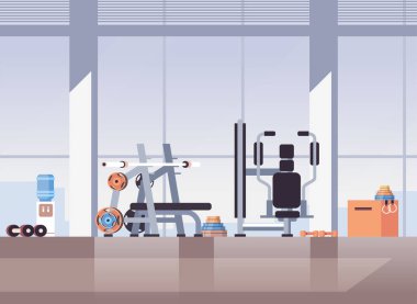 Boş kimse yok spor salonu iç çalışma ekipmanı eğitim aparatları sağlıklı yaşam tarzı konsepti