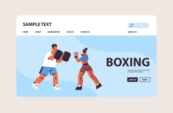 Boxeador femenino practicando ejercicios de boxeo con entrenador masculino estilo de vida saludable concepto de boxeo — Archivo Imágenes Vectoriales