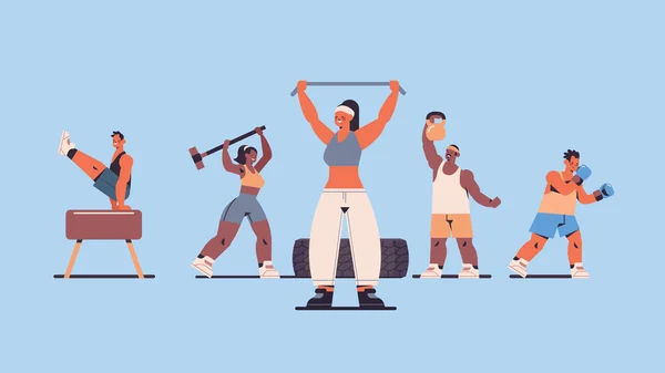 Mélanger les gens de course faire des exercices physiques travailler dans la salle de gym fitness concept de mode de vie sain — Image vectorielle