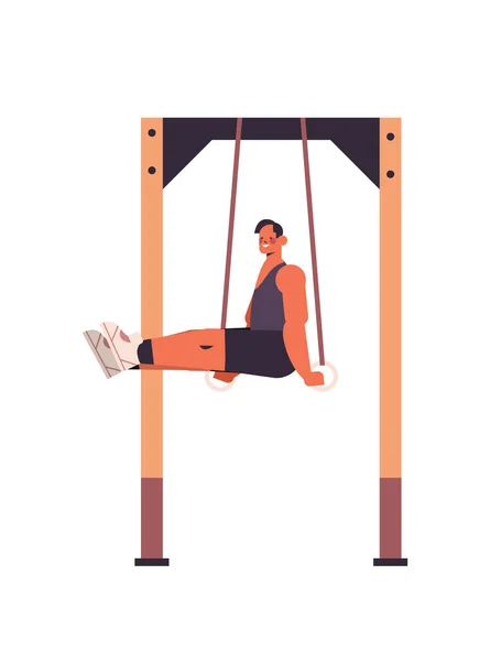 Deportista haciendo ejercicios abdominales hombre ejercitando en barra horizontal ejercitando en gimnasio entrenamiento de fitness — Vector de stock