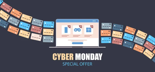 Internetové bankovnictví kreditní karty pro on-line nakupování platby kybernetický pondělí prodej dovolená slevy e-commerce koncept — Stockový vektor
