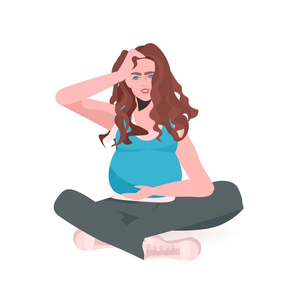 Mladá těhotná žena sedí a drží své břicho těhotenství koncepce mateřství — Stockový vektor