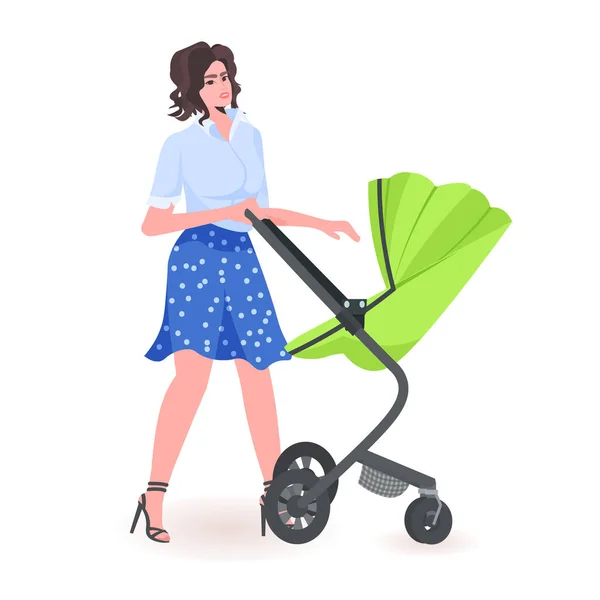 Young mother walking with newborn baby in stroller motherhood concept — Stock Vector