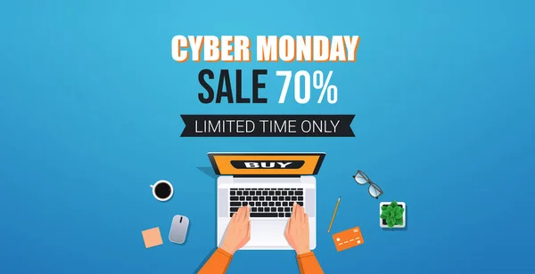 Ruce pomocí notebooku on-line nakupování kybernetické pondělí prodej dovolená slevy e-commerce koncept — Stockový vektor