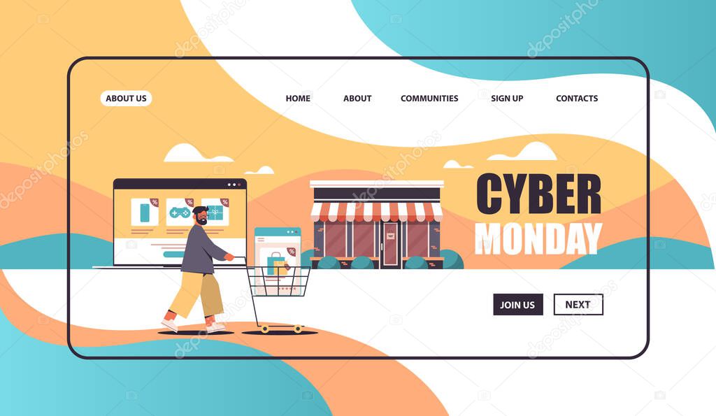 man pushing online purchases in trolley cart cyber monday sale holiday shopping discounts e-commerce concept