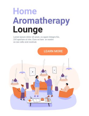 Ev aromaterapi salonu insanları rahatlatıyor. Rahat oturma odası difüzyoncuları buharlaştırıyor, modern içsel bitkiler pastel renkler web pankartı taşıyıcı illüstrasyonu.