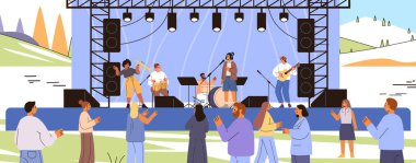 Açık havada konser sahnesi canlı müzik grubu festival manzarasının keyfini çıkarıyor düz insanlar karakterler modern eğlence Vector illüstrasyonları