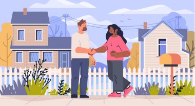 Komşular, banliyö evlerinin önünde toplanan iki kişinin el sıkışmasını, bahçe çitlerini, sonbahar manzarası yerleşim yeri olan Vector illüstrasyonunu selamlıyor.