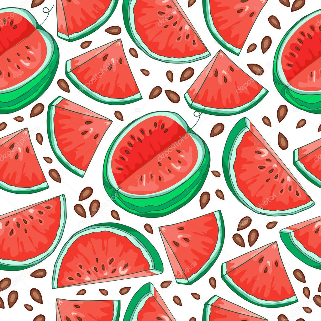 Watermelon seamless pattern with sliced fruits. Vector illustration, cartoon and hand drawn style.
