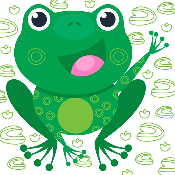 Verde Rana Divertida Sobre Fondo Blanco Con Lirio Sonrisa Animal — Vector de stock