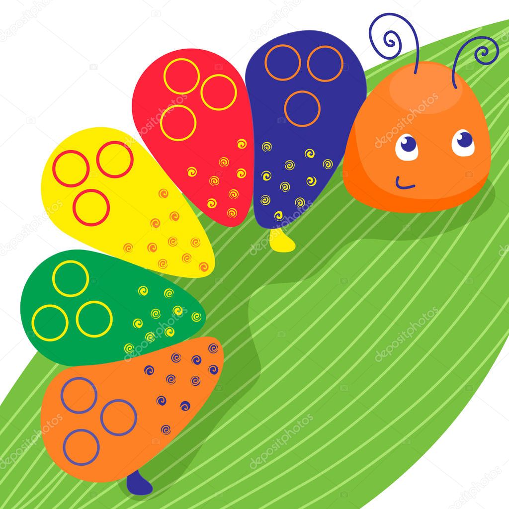 Funny colorful caterpillar. Smiling insect on the green leave. Vector illustration, cartoon baby style.