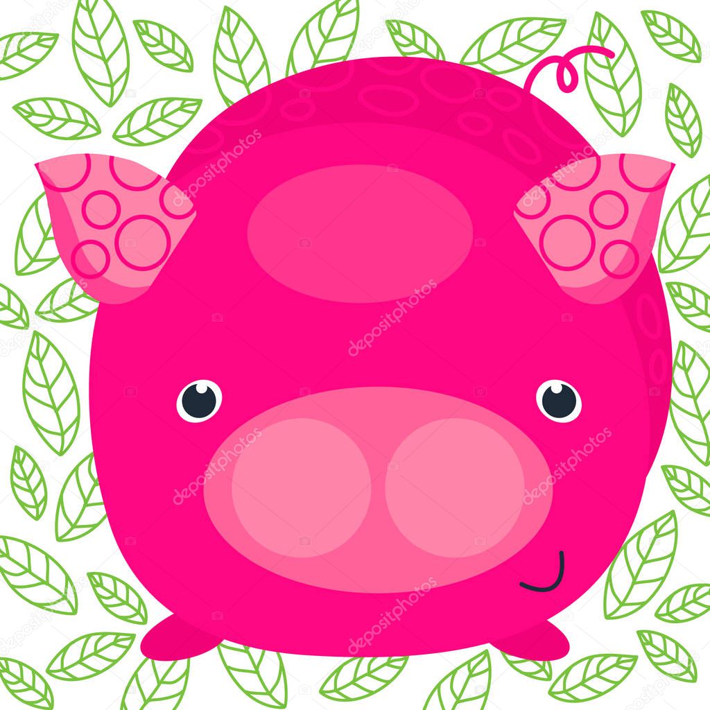 Pink pig on the white background with green leaves. The symbol of 2019 year. Vector illustration, cartoon baby style.