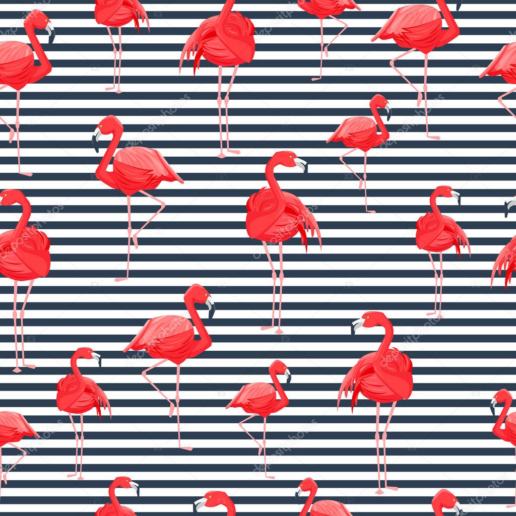 Flamingo and stripes seamless pattern. Pink birds on the white background. Vector illustration, cartoon style.