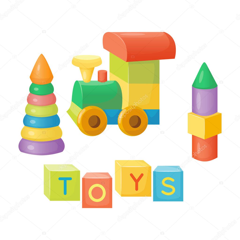 Set of toys for kids games. Cubes and train. Vector illustration, cartoon style