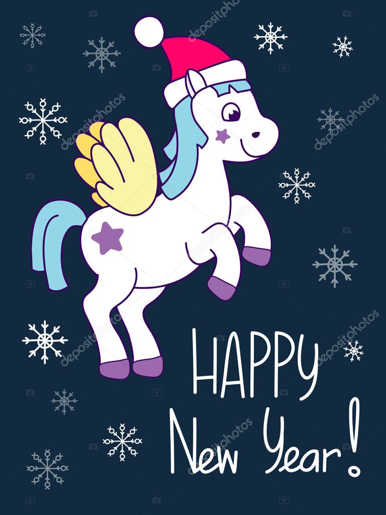 Unicorn Christmas and New Year card with snowflakes. Vector illustration, cartoon style.