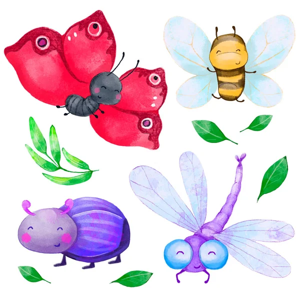 Cute Watercolor Baby Insect Butterfly Bug Bee Dragonfly Cartoon Style — Stock Photo, Image