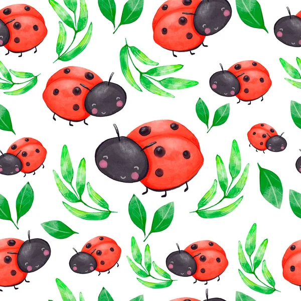 Watercolor seamless pattern with red ladybug and green leaves. Cartoon illustration.