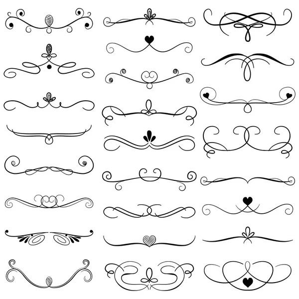Sınır bölücüler topluluğu. Süsleme dekoratif çizgiler kalpleri ve swirls ile büyük kümesi. Zarif klasik grafik. Vektör çizim.
