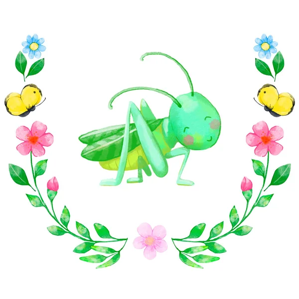 Wreath Composition Grasshopper Yellow Butterflies Flowers Watercolor Illustration Kawaii Style — Stock Photo, Image