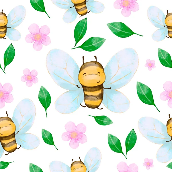 Акварель Безшовні Візерунок Бджіл Зеленим Листям Рожеві Квіти Мультфільм Ілюстрації — стокове фото