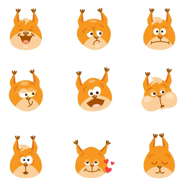 Set Emoji Scoiattolo Adesivi Illustrazione Vettoriale Cartoni Animati Personaggi Piatti — Vettoriale Stock