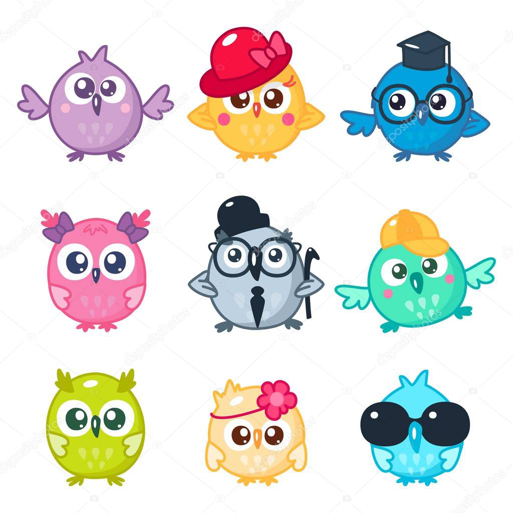 Set of cute colorful owls with different glasses and hats. Cartoon bird emojis and stickers. Vector illustration. Kawaii style.