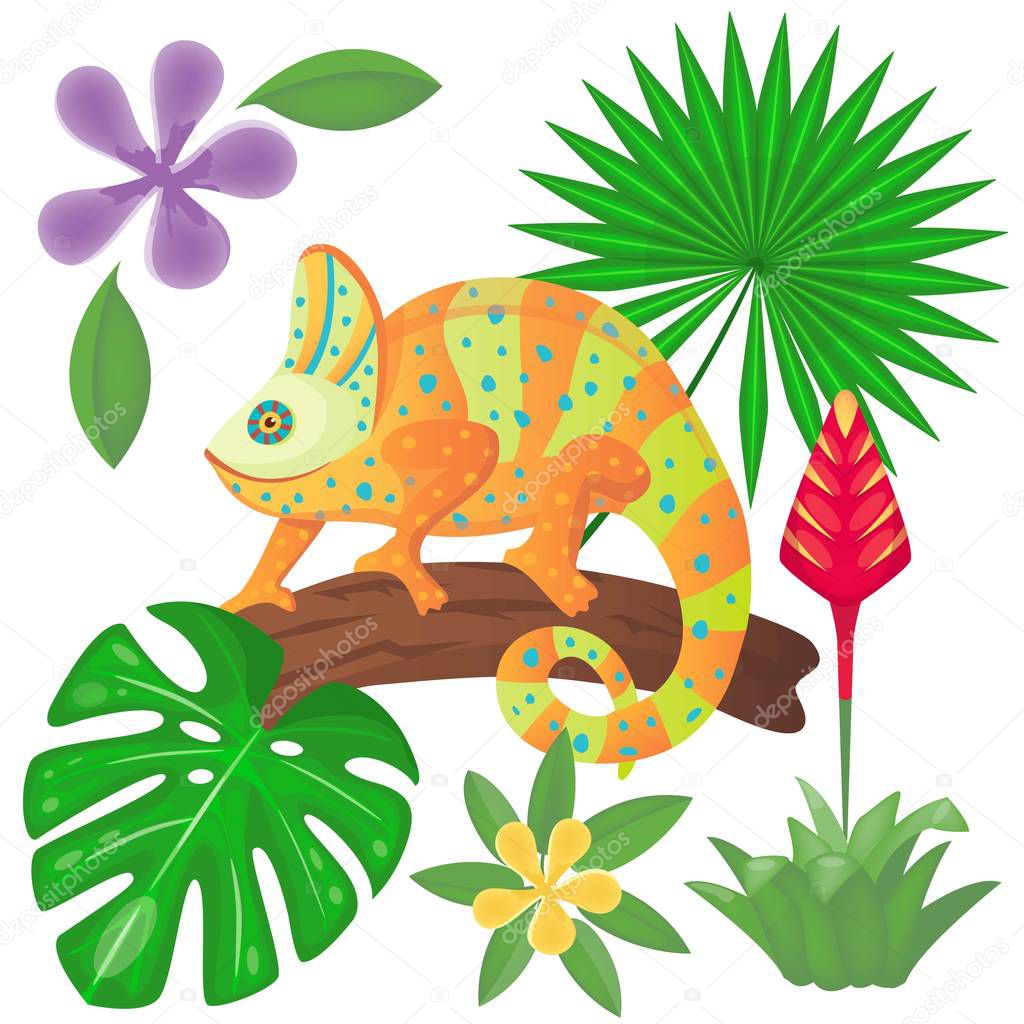 Iguana on the tree and jungle plants. Chameleon between palm and monstera leaves. Vector illustration. Cartoon style.