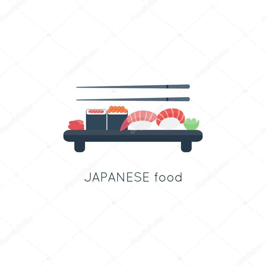 Sushi composition for logo. Japanese food restaurant. Vector illustration. Flat cartoon style.