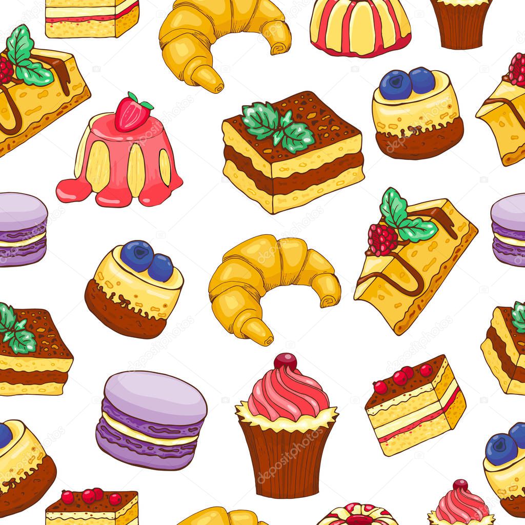 Seamless pattern of doodle hand drawn cakes and desserts. Vector illustration, cartoon style