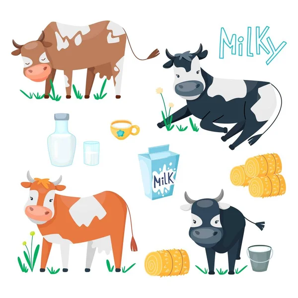 Set Cute Happy Cartoon Cows Glass Milk Cup Haystacks Farm — Stock Vector