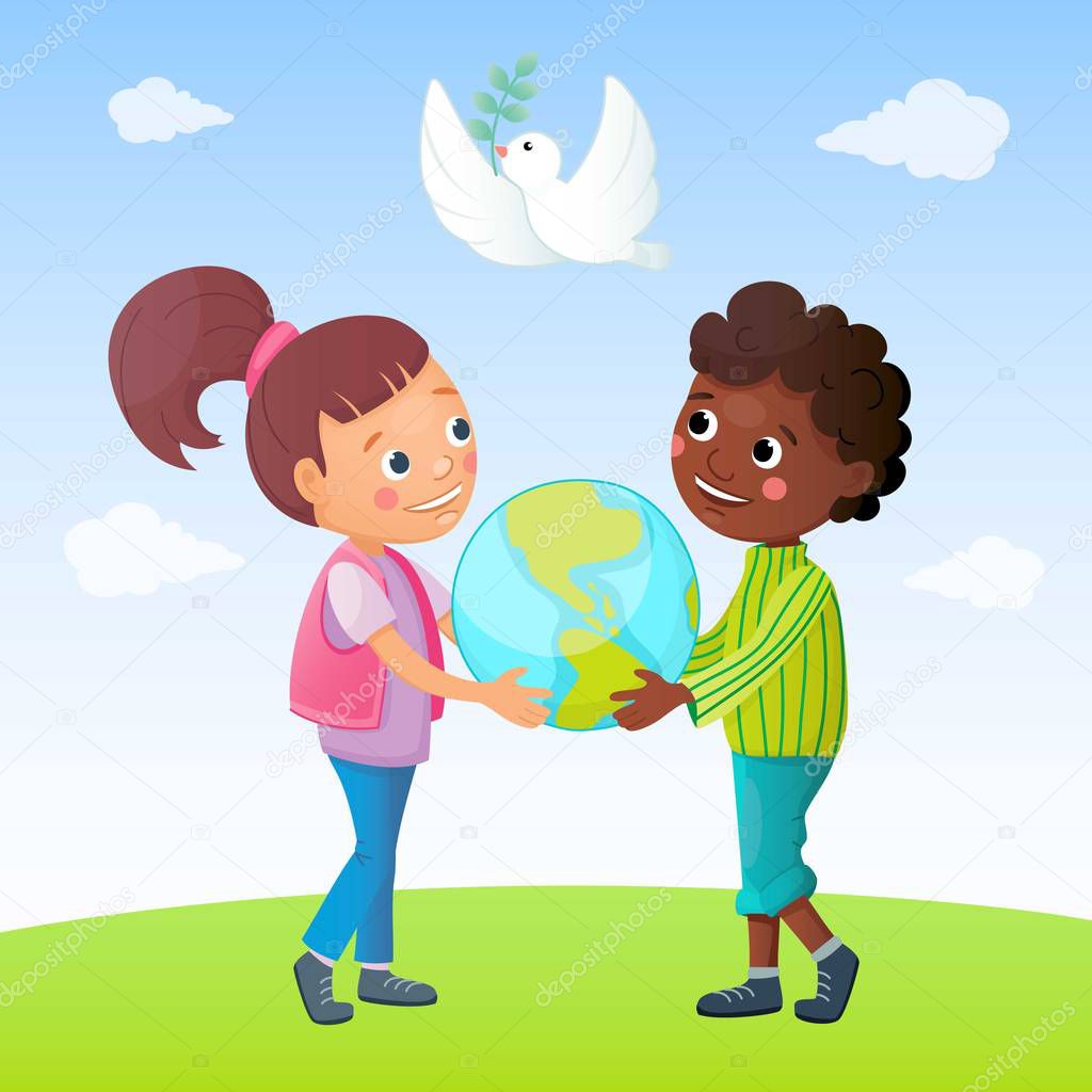 Kids and peace concept. White dove with green leaves  is flying into the sky . Boy and girl are holding earth globe. Friendly relations. Vector illustration. Cartoon style.