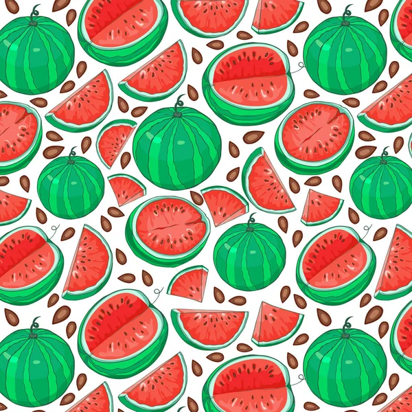 Wassermelone Nahtloses Muster Mit Geschnittenen Früchten Vektorillustration Cartoon Und Handgezeichneter — Stockvektor