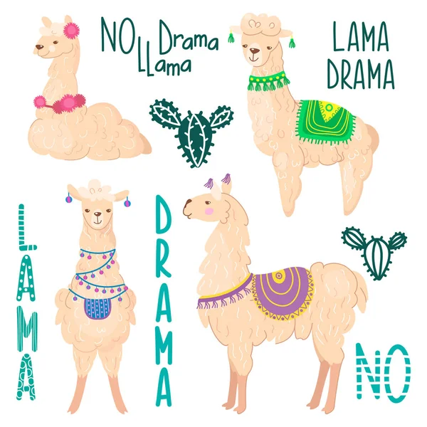 Ensemble Vecteurs Lama Illustration Laine Alpaga Lamas Sans Citation Lama — Image vectorielle