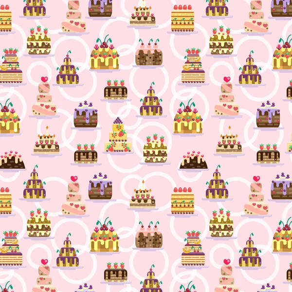 ケーキ ピンク色の背景にシームレス パターン 別のパイとかわいいフラット ベクトル図 — ストックベクタ