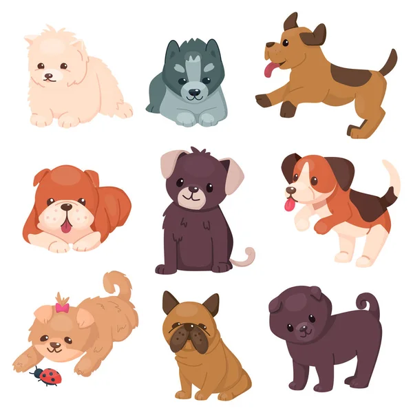 Güzel sevimli köpekleri ile köpek yavrusu. Mutlu atlama ve Evcil hayvan oturan farklı doğurmak. Husky ve bulldog, pug ve jack Russell terrier. Vektör çizim. Karikatür tarzı.