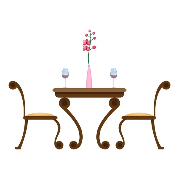 テーブルと椅子眼鏡と花と花瓶 ダイニング キッチン家具 フラットな漫画のスタイル — ストックベクタ