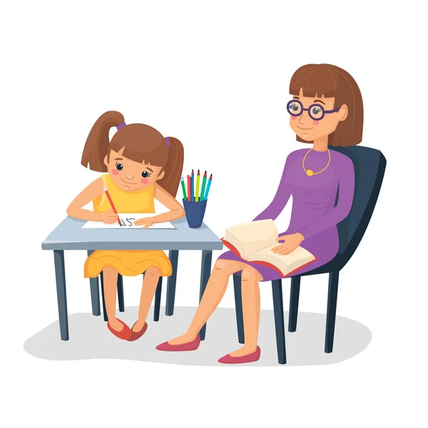 Mother Helping Her Daughter Homework Girl Doing Schoolwork Mom Teacher — Stock Vector