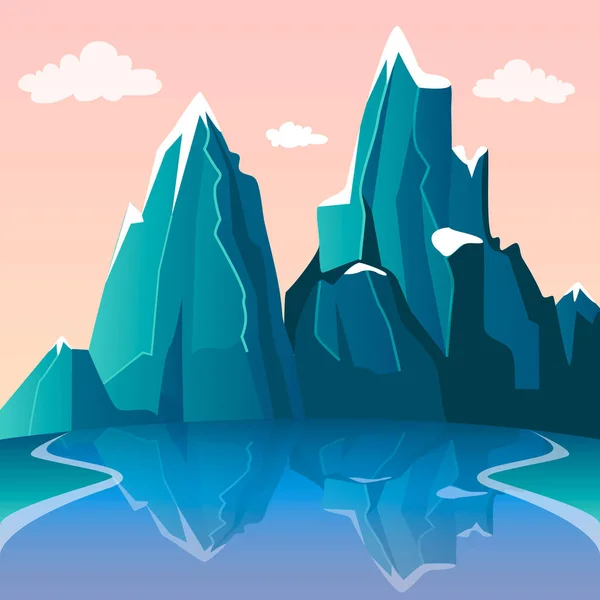 Горный Озерный Ландшафт Прекрасный Вид Снежные Вершины Реку Отражением Розовое — стоковый вектор