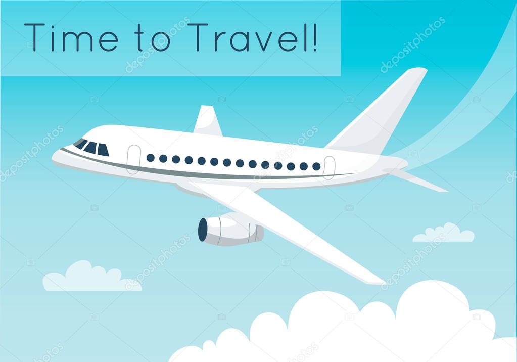 Airplane flying in the sky with clouds. Traveling or delivering concept. Vector illustration. Flat cartoon style.