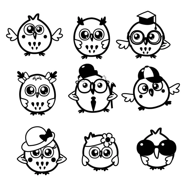 Set Cute Black White Owls Different Glasses Hats Cartoon Bird — Stock Vector