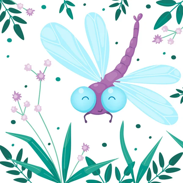 Purple Dragonfly Grass Little Purple Flowers Cartoon Flat Vector Illustration — Stock Vector