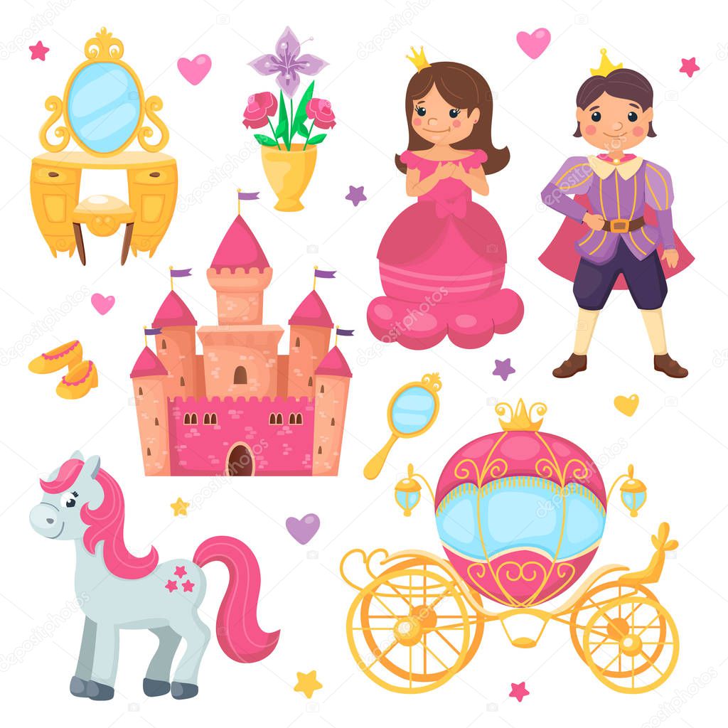 Princess girl and prince boy cartoon set. Royal collection with beautiful carriage, cute castle, adorable pony with pink mane, mirror and vase with flowers. Vector flat illustration for children.