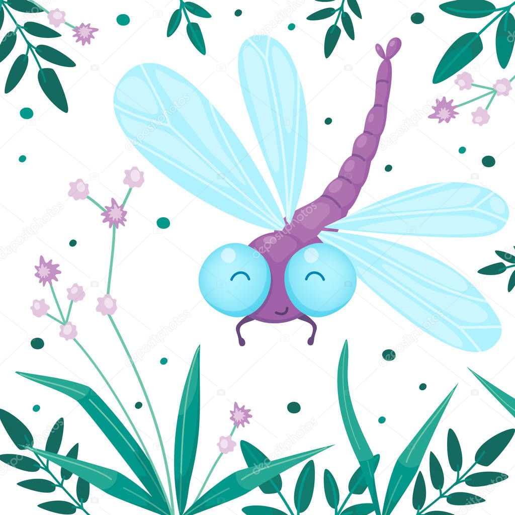 Purple dragonfly and grass with little purple flowers. Cartoon flat vector illustration for children.